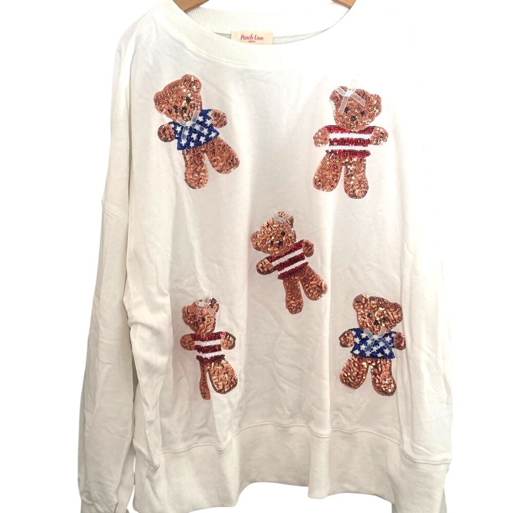 Peach Love USA Sequin Teddy Bear Sweatshirt Patriotic Fourth of July Medium NWT